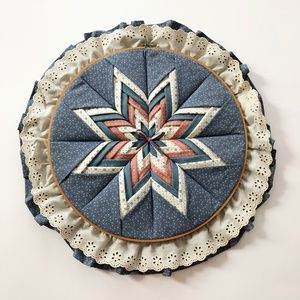 VTG Handmade Quilt Folded Fabric Star On Embroidery Hoop Blue Pink Wall Art 20"